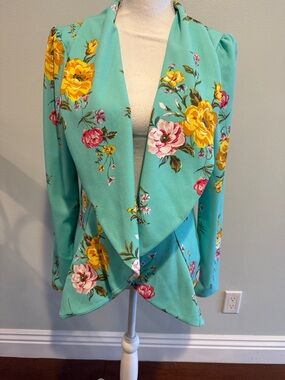 Floral Draped Blazer Jacket in Aqua with Yellow & Pink Blooms
